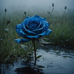 A blue rose in misty grass, with fog rolling over a dark water background.