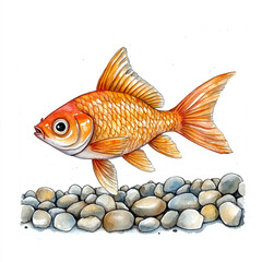 Fototapeta premium Minimalist Image of a Fish Swimming Gracefully Near Smooth Pebbles in Clear Water Capturing the Serenity of Nature and the Beauty of Aquatic Life in a Simple Isolated Setting