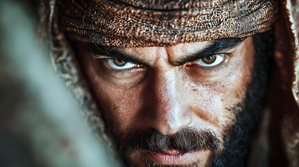 Intense gaze of a desert warrior, head and shoulders close-up, rugged background, ideal for historical fiction or adventure film promotion