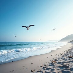 Fototapeta premium Frosty beach landscape with seagulls flying overhead, icy, frosty