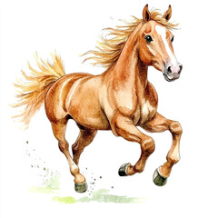 Naklejka premium Cute Minimal Isolated Watercolor of a Horse Running in a Playful Manner Perfect for Animal Lovers and Art Enthusiasts Seeking Whimsical and Charming Illustrations