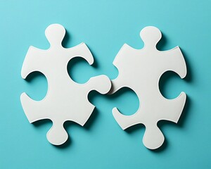 Fototapeta premium Two white puzzle pieces, light blue background, solution concept