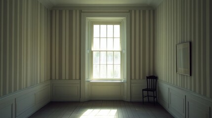 Fototapeta premium A stark room, bathed in the pale light of day, featured a striped wallpaper, a window framed by white moldings, and an empty space where a chair or desk could be arranged, inviting the eye to fill