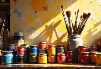 Artist's Workspace with Jars of Colorful Paint and Brushes