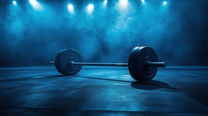 Weightlifting barbell gym floor spotlight background, fitness poster