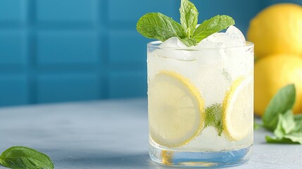 Fototapeta premium Refreshing Lemon Mint Iced Drink on a Light Gray Table