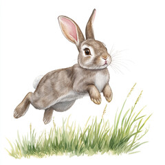 Minimalist Image of a Rabbit Jumping into Lush Green Grass Isolated on White Background Perfect for Nature Themes Wildlife Photography and Animal Behavior Illustrations