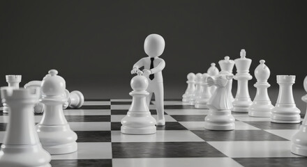 A sleek 3D white mockup of a business person in business casual attire strategically moving a chess piece on a giant chess board, symbolizing foresight, planning, and strategic thinking in business de