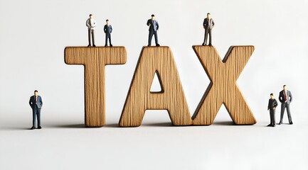 Miniature figurines standing on the word tax in a conceptual financial illustration