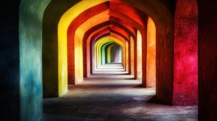 Vibrant Arches in Colorful Corridor with Multi-Hued Lighting