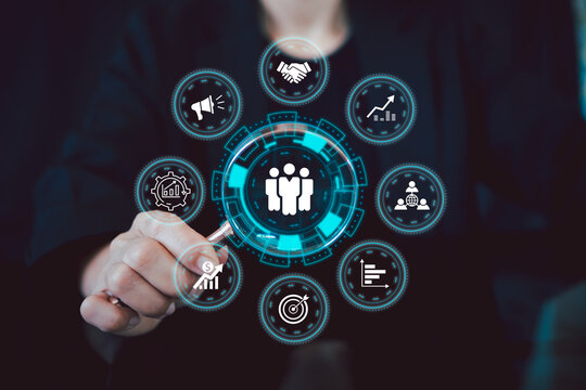 Digital interface illustrating human resource management with business icons, symbolizing modern workplace efficiency and strategy.