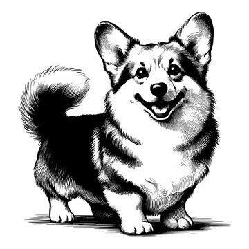 recommend clip art: Line art drawing of Pembroke Welsh Corgi dog's ink sketch vector hand drawn illustration background
