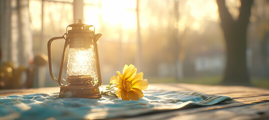 Lantern and yellow flower on a wooden table at sunset, with a blurred garden background; ideal for home decor, relaxation, or peaceful atmosphere themes