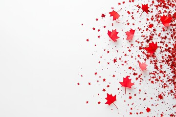 Fototapeta premium 3 red and white Canadian flags with small star-shaped confetti on a pure white background, minimalistic in style. --ar 3:2 --v 6.1 Job ID: 23905219-2e13-4814-b70d-d5cadbcf55c1