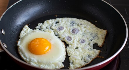 Delicious fried eggs sizzling in a pan ready for breakfast cooking