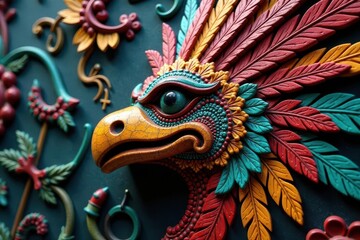 Obraz premium Intricately carved Mayan feather headdress ornament texture, tribal, leafy