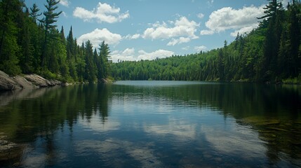 Naklejka premium Serene Summer Lake in a Lush Green Forest