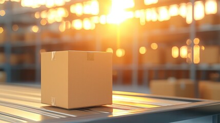 A cardboard box sits on a conveyor belt in a warehouse, supply chain optimization logistics planning. Automated systems recalibrating logistics plans based on real-time supply chain disruptions