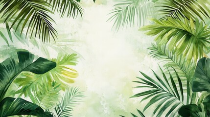 Obraz premium Tropical plants and palm trees, for texture background photo wallpaper or banner. Wallpaper pattern painted in watercolour. Generative AI illustration