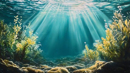 Obraz premium Serene underwater scene with vibrant aquatic plants, sunbeams filtering through teal blue water, and a rocky seafloor