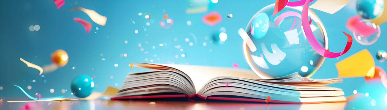 Open book with magic light and glowing letters flying 
Cartoon illustration of education and learning with books Vector
Book in library with old open textbook stack piles of literature