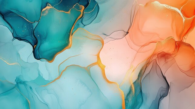 Alcohol ink background with golden design elements, luxury hand painted artwork, turquoise and orange accent, trendy wallpaper decoration