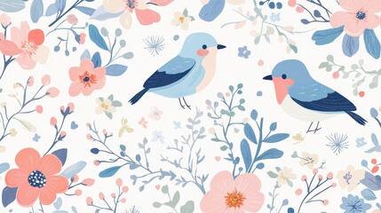 Vector illustration of a seamless floral pattern with cute birds in spring for Wedding, anniversary, birthday and party. Design for banner, poster, card, invitation and scrapbook