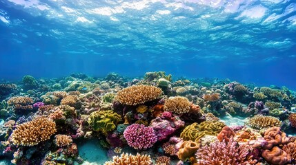 Fototapeta premium Underwater Coral Reef, Sunlight, Marine Life, Diverse Ecosystem, Ocean, Beautiful, Vivid, Sunlight, Health