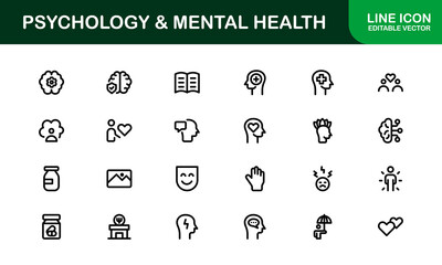 Psychology and Mental Health Icons Set. Essential Icons for Therapy, Counseling, and Mental Wellness