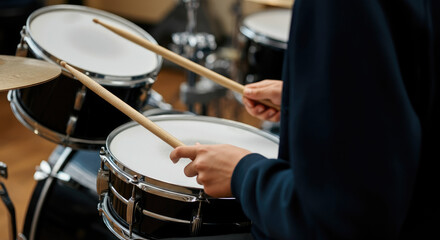 Fototapeta premium Person playing drums with drumsticks, close-up shot in studio setting