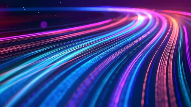 Abstract Neon Flow: Captivating display of neon light trails, creating an energetic and dynamic visual, evocative of speed, technology, and futuristic concepts.