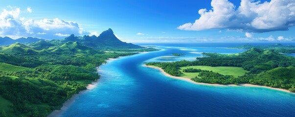 Fototapeta premium A stunning aerial view of a lush, tropical landscape featuring vibrant blue waters, green hills, and distant mountains under a bright sky.