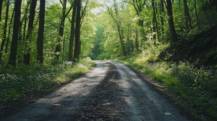 Fototapeta premium Sunlit Forest Path Winding Through Lush Green Trees