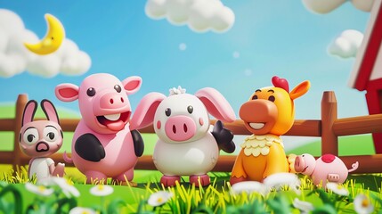 Fototapeta premium Playful cartoon animals having a fun day at a bright farm