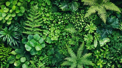 Lush green wall with diverse foliage, ideal for nature backgrounds