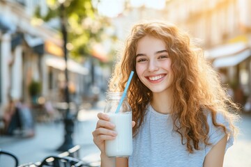 Happy teenage girl drinking milk outdoors.