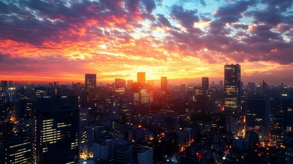 Fototapeta premium Tokyo Skyline at Sunset: A Vibrant Panorama of City Lights and Fiery Skies