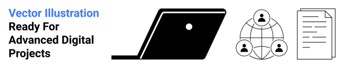 Laptop icon for productivity, network circle connecting avatars for teamwork, and a document for record-keeping. Ideal for digital workflow, remote work, communication, data sharing, team