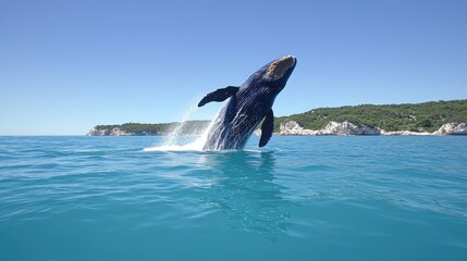 Obraz premium Whale breaching ocean, coastal cliffs background, wildlife photography, travel