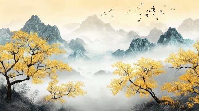 Brown trees with golden flowers and turquoise, black and gray mountains in light yellow background with white clouds and birds. 3d illustration wallpaper landscape art