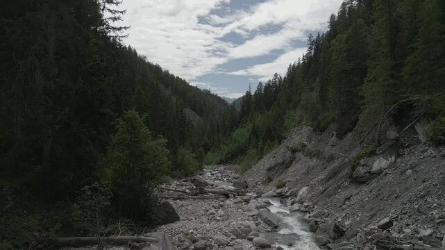 Rising-up drone footage of a stream flowing on the rocks in a forest canyon on the Alps