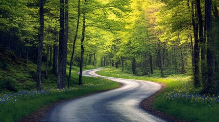 Obraz premium Serene Winding Road Through Lush Green Forest in Spring
