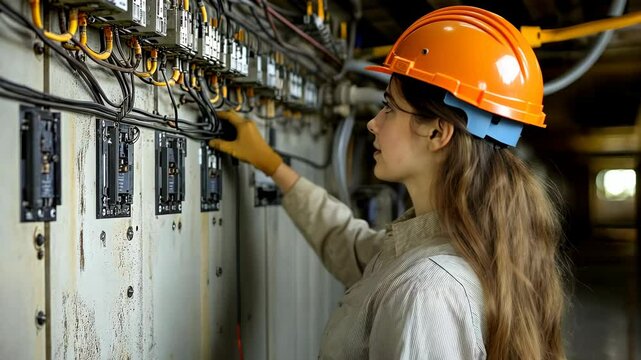 A young woman in a safety helmet works on electrical equipment, showcasing skills and dedication in a technical environment.