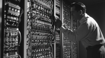 1940s Engineer Working on Early Computer Server Room