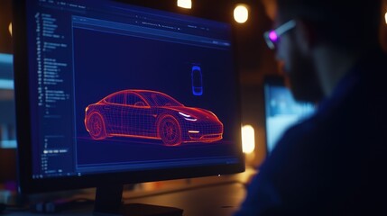 Designer Analyzing Futuristic Car Concept on Screen in Modern Studio