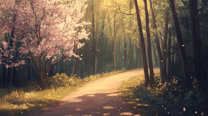 Fototapeta premium Serene Spring Path Through Enchanted Forest