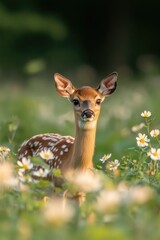 Fawn in Spring Meadow Surrounded by Wildflowers