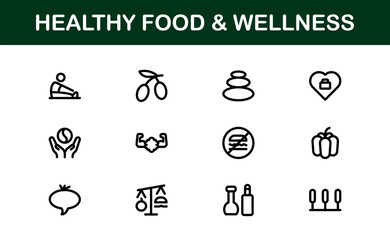 Healthy Food and Wellness Icons Set. Essential Icons for Healthy Eating, Nutrition, and Wellness Lifestyle