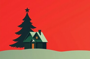 Fototapeta premium Christmas minimal concept - simple house silhouette made of christmas tree branch. Flat lat, top view. Square composition. Retro invitation for celebration design. Background clean. Abstract house. 