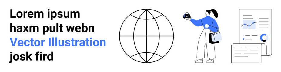 Businesswoman holding analytics, globe symbolizing global connectivity, digital data charts, and documents. Ideal for business, data analysis, global communication, reporting, education networking